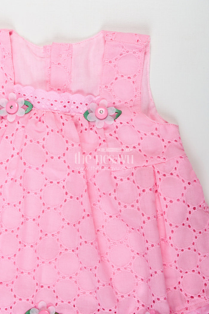 The Nesavu Baby Cotton Frocks Party Cotton Dress for Girls Hakoba Bloomer Set Nesavu Nesavu Pink Cotton Embroidered Party Frock Girls Floral Trim Matching Bloomer