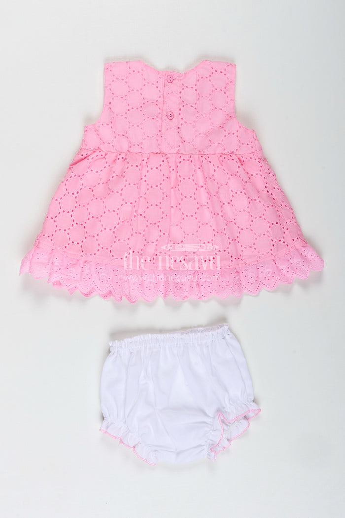 The Nesavu Baby Cotton Frocks Party Cotton Dress for Girls Hakoba Bloomer Set Nesavu Nesavu Pink Cotton Embroidered Party Frock Girls Floral Trim Matching Bloomer