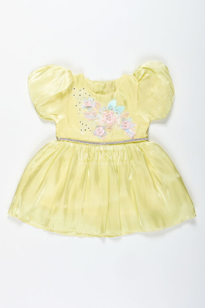 The Nesavu Baby Fancy Frock Party Frock for Baby Girls with Embroidery and Puff Sleeves Nesavu 14 (6M) / Yellow BFJ836A-14 Nesavu Yellow Satin Organza Embroidered Party Frock Baby Girls Floral Embellishments Puff Sleeves