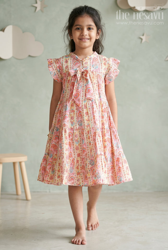 The Nesavu Girls Cotton Frock Party Frock for Toddler Girls in Cotton with Floral Digital Print and Ruffle Detailing Nesavu 18 (2Y) / Peach GFC1702A-18 Party Frock Toddler Girls Cotton Floral Digital Print Ruffled Sleeves | The Nesavu