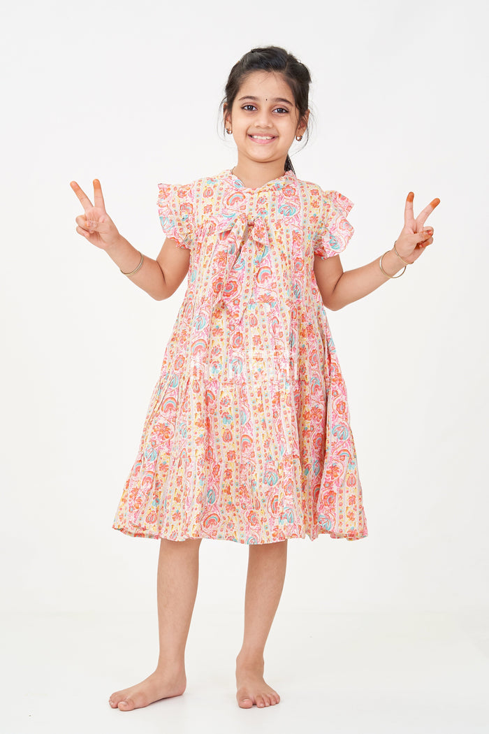 The Nesavu Girls Cotton Frock Party Frock for Toddler Girls in Cotton with Floral Digital Print and Ruffle Detailing Nesavu 18 (2Y) / Peach GFC1702A-18 Nesavu Party Frock Toddler Girls Cotton Floral Digital Print Ruffled Sleeves