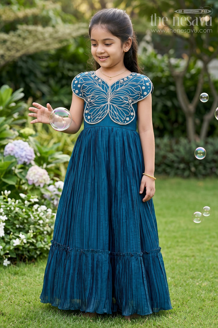 The Nesavu Girls Party Gown Party Gown for Girls with Butterfly Embellishment and Pleated Skirt Nesavu 24 (5Y) / Green GA379B-24 Nesavu pleated party gown girls butterfly detail perfect birthdays celebrations