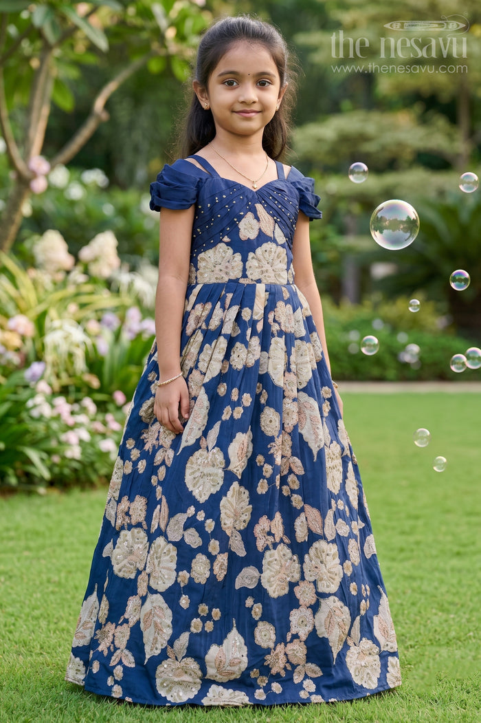 The Nesavu Girls Party Gown Party Gown for Girls with Digital Print and Sequin Work Nesavu 18 (2Y) / Blue GA340A-18 Nesavu party gown girls digital print sequin embroidery birthday festive wear