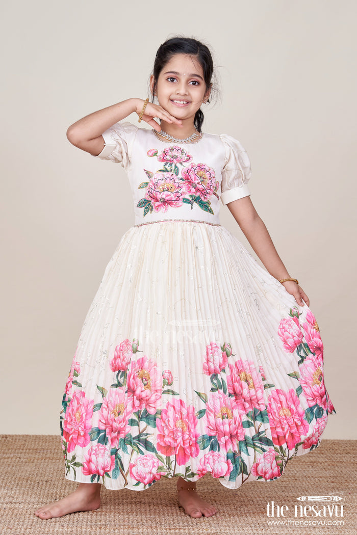 The Nesavu Girls Party Gown Party Gown for Girls with Floral Print and Puff Sleeves for Birthdays and Events Nesavu Nesavu girls floral chinon party gown puff sleeves digital print birthdays
