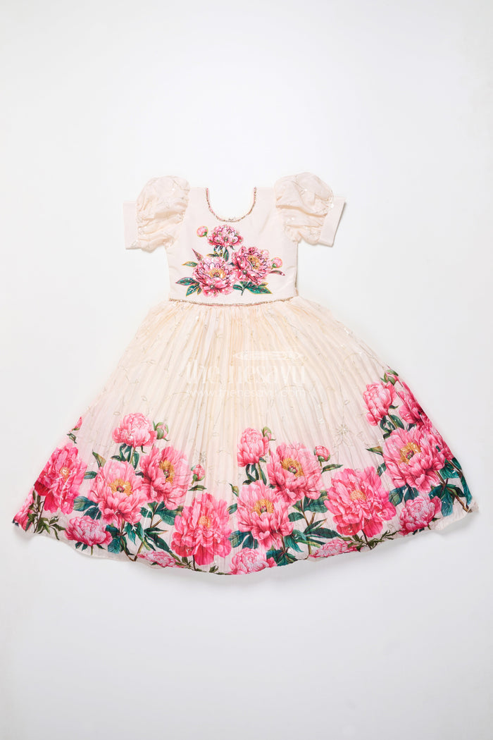 The Nesavu Girls Party Gown Party Gown for Girls with Floral Print and Puff Sleeves for Birthdays and Events Nesavu Nesavu girls floral chinon party gown puff sleeves digital print birthdays