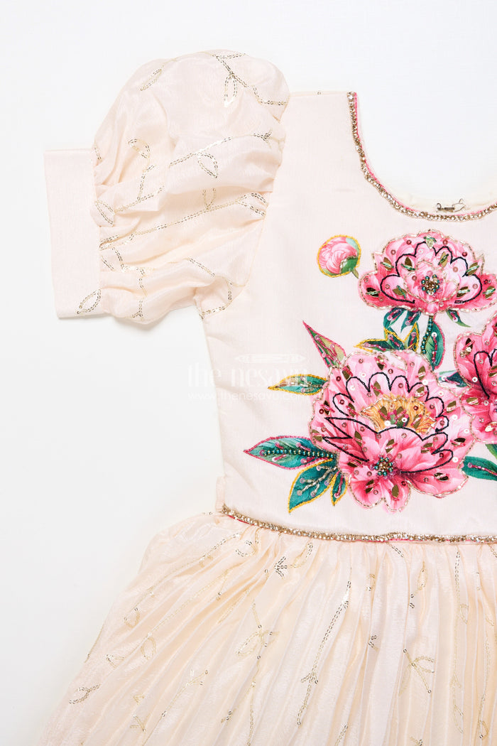 The Nesavu Girls Party Gown Party Gown for Girls with Floral Print and Puff Sleeves for Birthdays and Events Nesavu Nesavu girls floral chinon party gown puff sleeves digital print birthdays