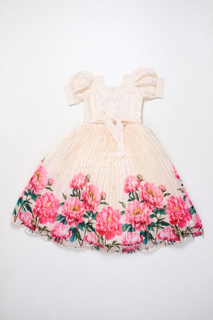 The Nesavu Girls Party Gown Party Gown for Girls with Floral Print and Puff Sleeves for Birthdays and Events Nesavu Nesavu girls floral chinon party gown puff sleeves digital print birthdays