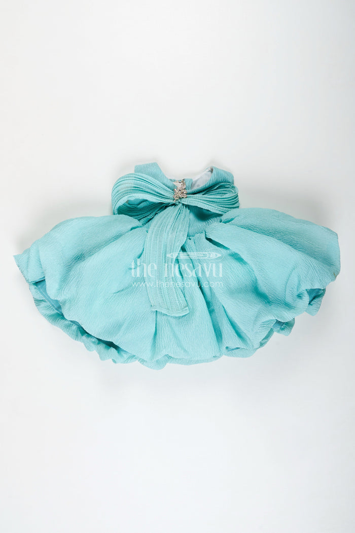 The Nesavu Girls Fancy Party Frock Party Wear Frock For Baby Girls Cute Bow Design And Flare Nesavu Nesavu Sea Green Girls Occasion Frock Crushed Organza Crystal Bow Puff Sleeves
