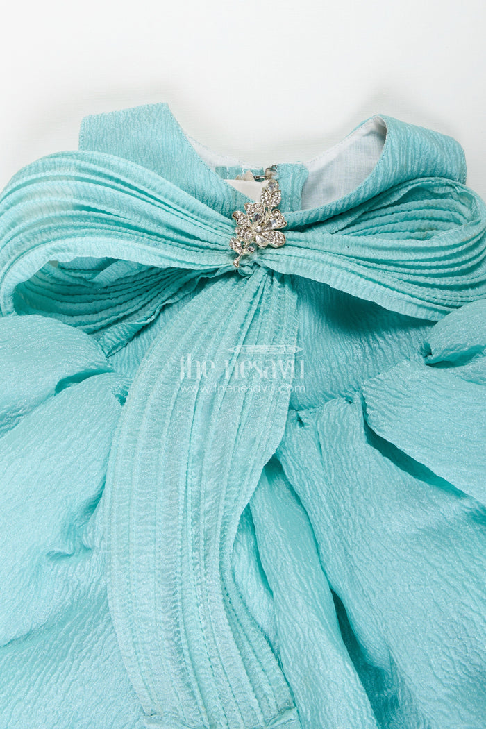 The Nesavu Girls Fancy Party Frock Party Wear Frock For Baby Girls Cute Bow Design And Flare Nesavu Nesavu Sea Green Girls Occasion Frock Crushed Organza Crystal Bow Puff Sleeves