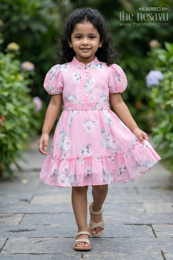 The Nesavu Girls Fancy Frock Party Wear Frock for Kid Girls in Pink Chiffon with Digital Floral Print and Puff Sleeves Nesavu 20 (3Y) / Pink GFC1711A-20 Party Wear Frock for Kid Girls in Pink Chiffon with Floral Digital Print and Puff Sleeves | The Nesavu