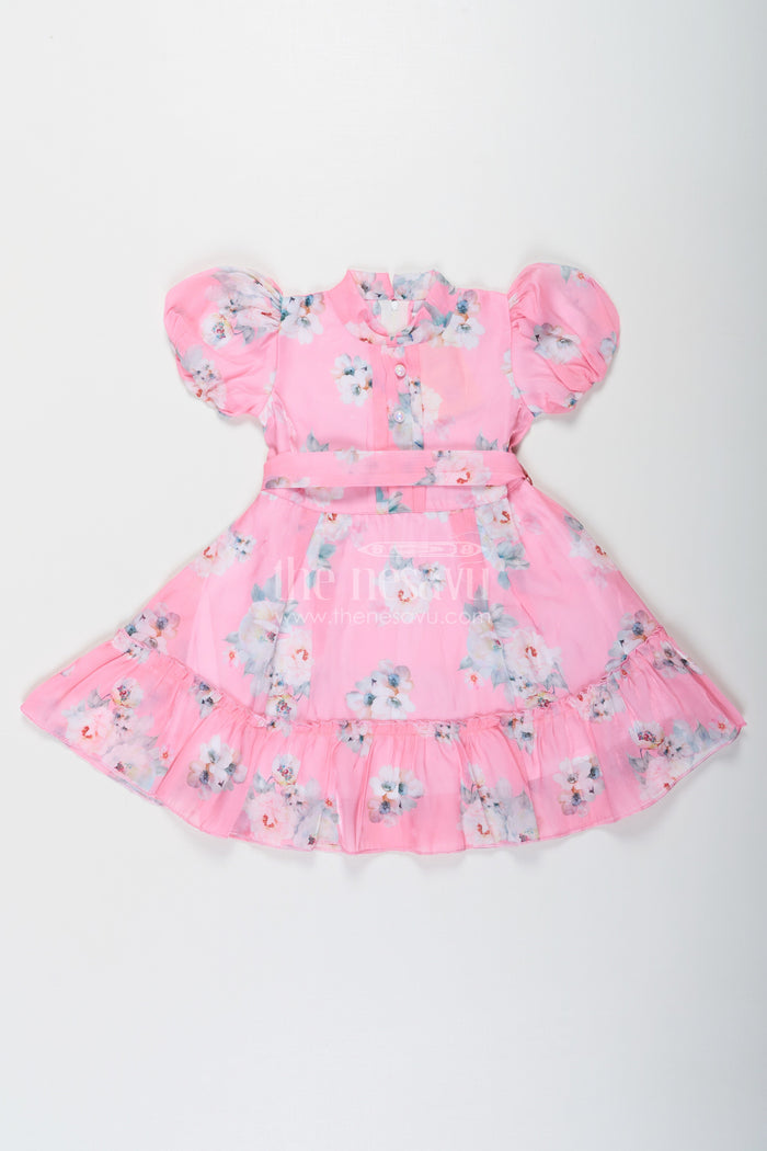 The Nesavu Girls Fancy Frock Party Wear Frock for Kid Girls in Pink Chiffon with Digital Floral Print and Puff Sleeves Nesavu 20 (3Y) / Pink GFC1711A-20 Nesavu Party Wear Frock for Kid Girls in Pink Chiffon with Floral Digital Print and Puff Sleeves