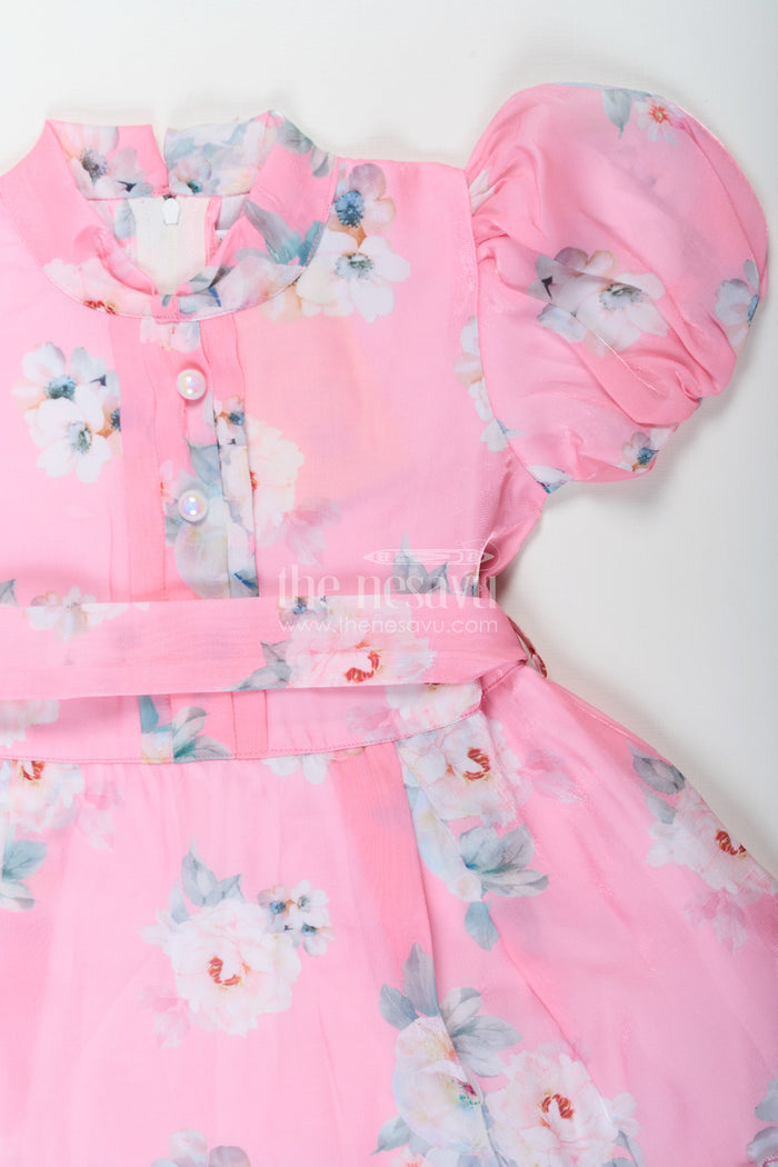 The Nesavu Girls Fancy Frock Party Wear Frock for Kid Girls in Pink Chiffon with Digital Floral Print and Puff Sleeves Nesavu Nesavu Party Wear Frock for Kid Girls in Pink Chiffon with Floral Digital Print and Puff Sleeves