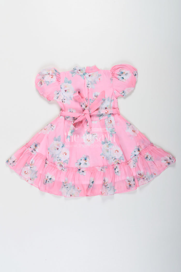 The Nesavu Girls Fancy Frock Party Wear Frock for Kid Girls in Pink Chiffon with Digital Floral Print and Puff Sleeves Nesavu Nesavu Party Wear Frock for Kid Girls in Pink Chiffon with Floral Digital Print and Puff Sleeves