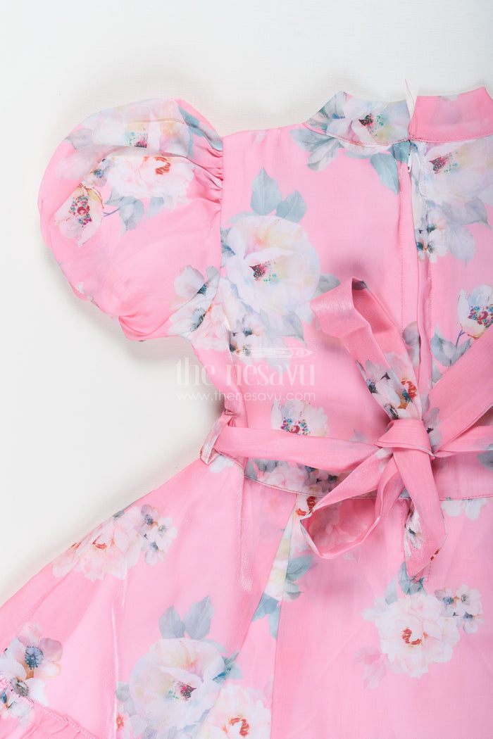 The Nesavu Girls Fancy Frock Party Wear Frock for Kid Girls in Pink Chiffon with Digital Floral Print and Puff Sleeves Nesavu Nesavu Party Wear Frock for Kid Girls in Pink Chiffon with Floral Digital Print and Puff Sleeves