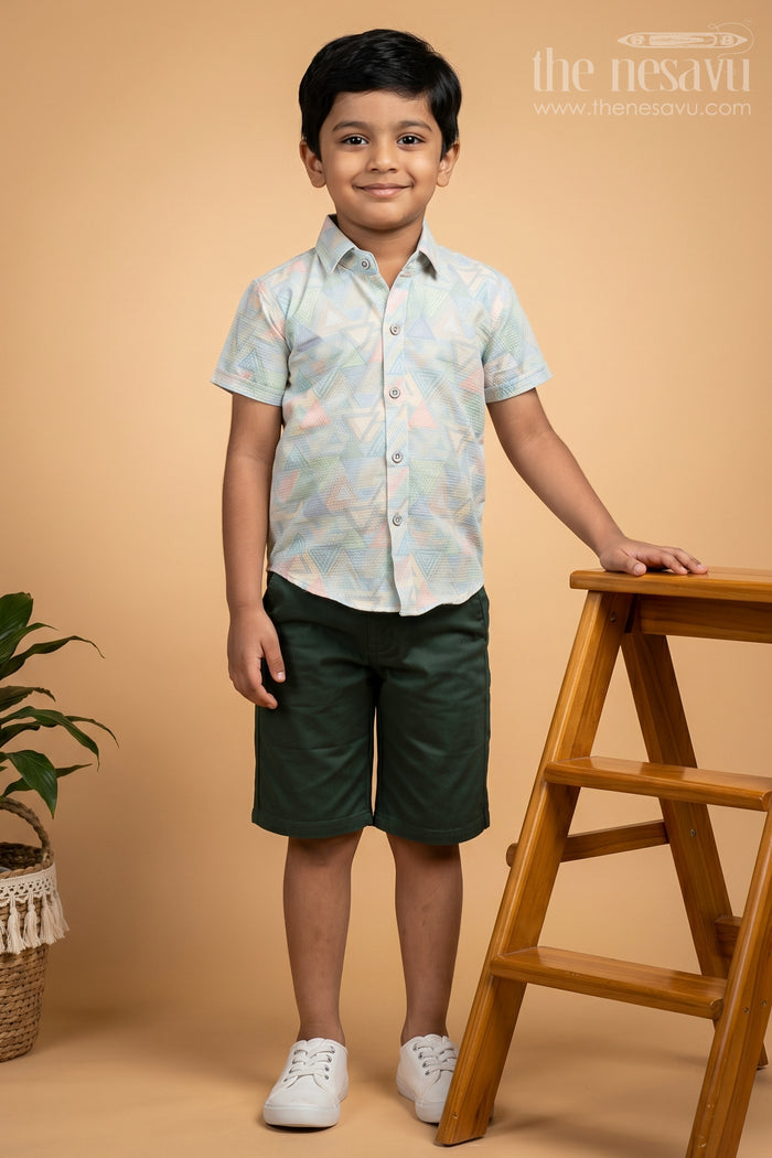 The Nesavu Boys Casual Set Pastel Prism Boys Casual Shirt and Shorts Ensemble Nesavu 16 (1Y) / Green / Popcorn Polysilk BCS014A-16 Shop Boys Pastel Geometric Shirt Sets | The Nesavu