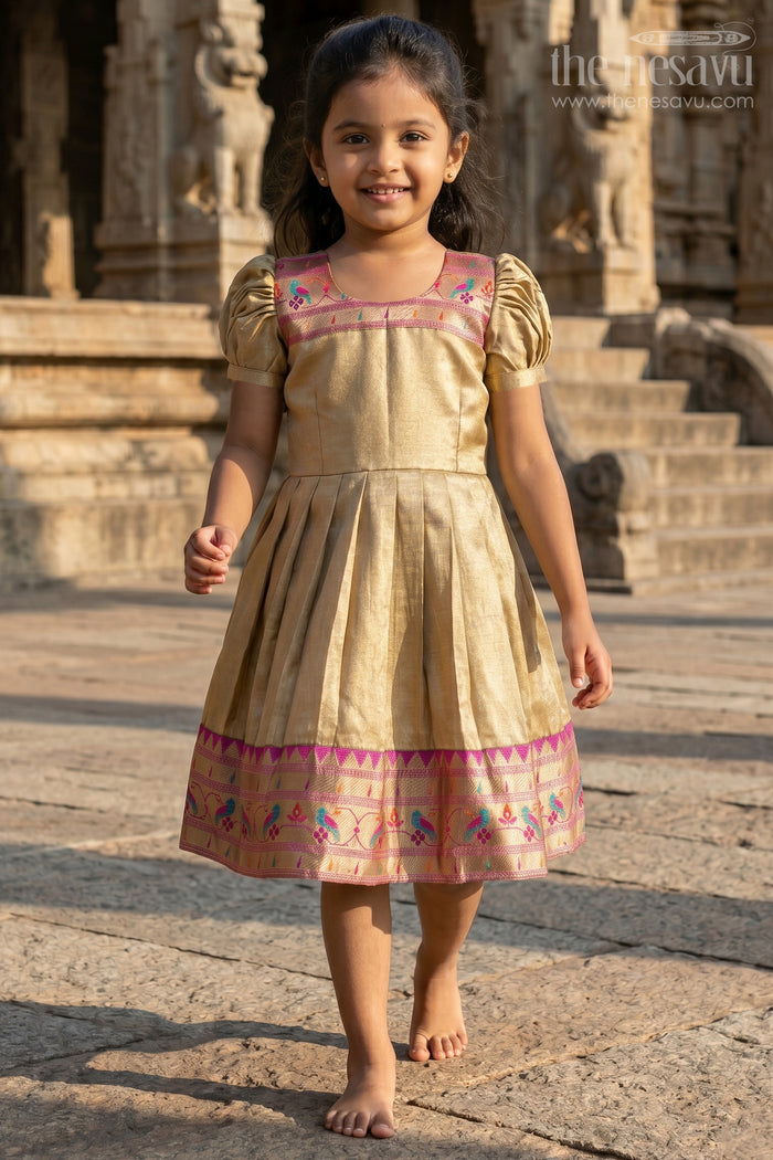 The Nesavu Silk Frock Pattu Pavadai Designs for Girls in Tissue Silk with Bright Paithani Border and Puff Sleeves Nesavu 24 (5Y) / Yellow SF1015A-24 Nesavu Pattu Pavadai Designs Girls Tissue Silk Puff Sleeves Paithani Border Hem