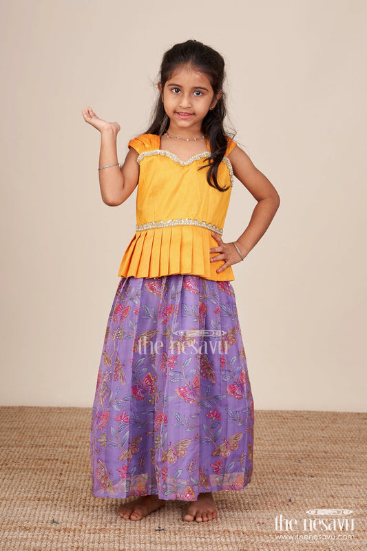 The Nesavu Pattu Pavadai Pattu Pavadai for Baby Girls for Weddings and Traditional Events Nesavu 18 (2Y) / Yellow GPP323A-18 Nesavu baby girl pattu pavadai lace yoke Banaras skirt traditional functions