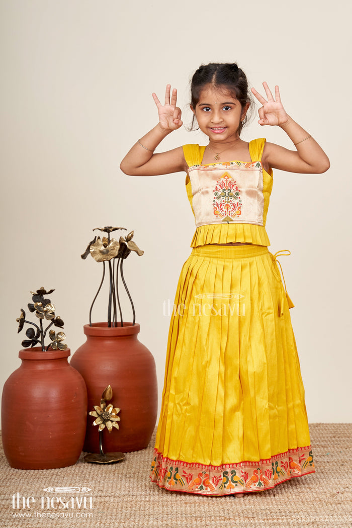 The Nesavu Pattu Pavadai Pattu pavadai for baby girls perfect for traditional celebrations Nesavu 18 (2Y) / Yellow GL642B-18 Nesavu baby girl pattu pavadai paithani border raw silk yoke naming ceremonies festivals