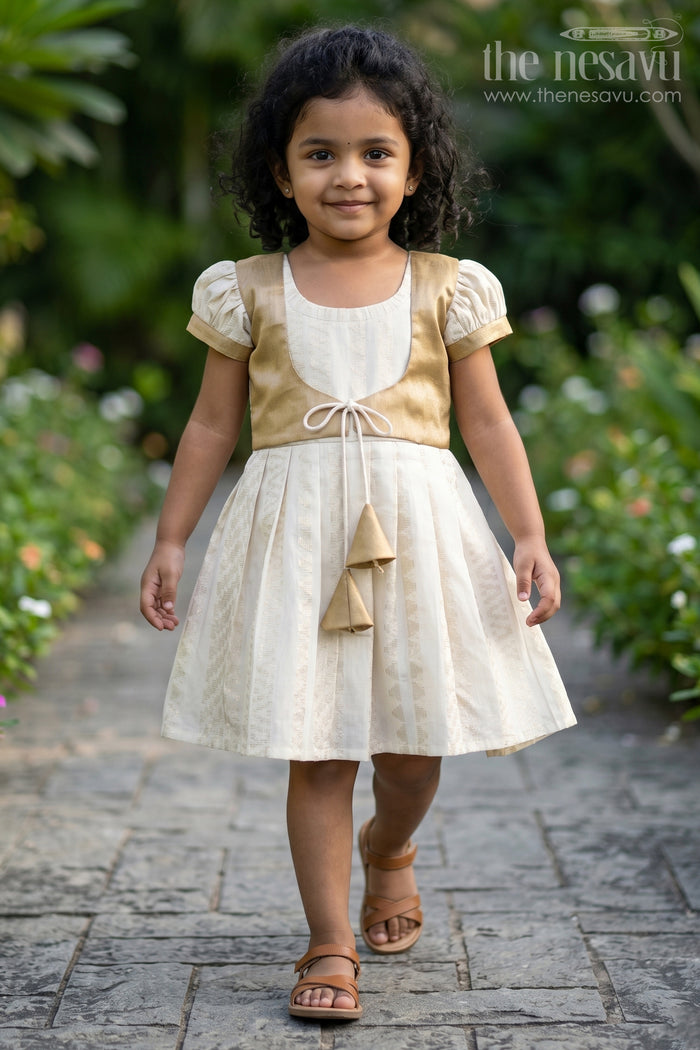 The Nesavu Girls Cotton Frock Pew Cotton Cream Frock with Gold Tissue Jacket and Ushaped Neckline for Girls Nesavu 20 (3Y) / Cream GFC1385A-20 Pew Cotton Cream Frock with Gold Tissue Jacket and U-Shaped Neckline for Girls Nesavu
