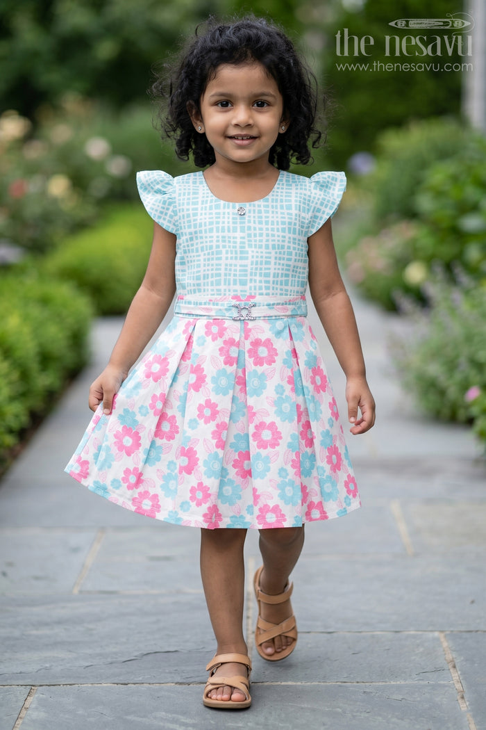 The Nesavu Girls Cotton Frock Pink and Blue Floral Checked Cotton Frock with Pleated Skirt for Girls Nesavu 20 (3Y) / Pink GFC1405B-20 Pink and Blue Floral Checked Cotton Frock with Pleated Skirt for Girls Nesavu