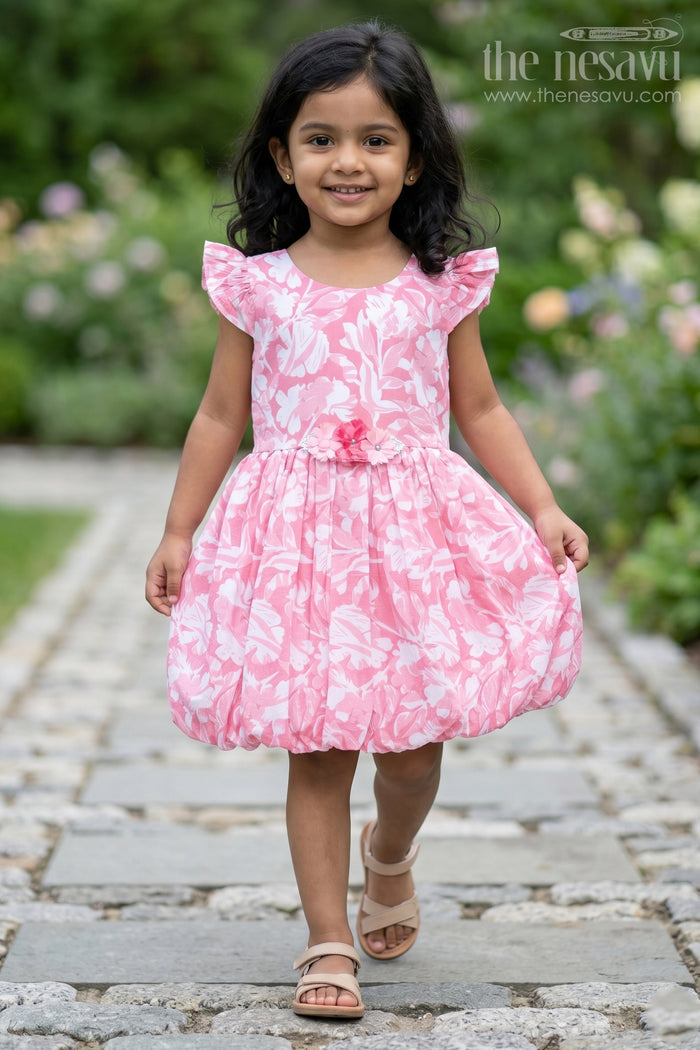 The Nesavu Girls Fancy Frock Pink Blended Cotton Girls Fancy Frock with Floral Print and Ruffle Sleeves Nesavu 20 (3Y) / Pink GFC1433A-20 Nesavu Pink Floral Girls Fancy Frock Ruffle Sleeves Cotton Blend Fabric