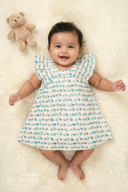 The Nesavu Baby Cotton Frocks Pink Camel Print Cotton Baby Frock with Ruffles for Newborns Nesavu 10 (NB) / Cream BFJ559C-10 Pink Camel Print Cotton Baby Frock with Ruffles for Newborns Nesavu