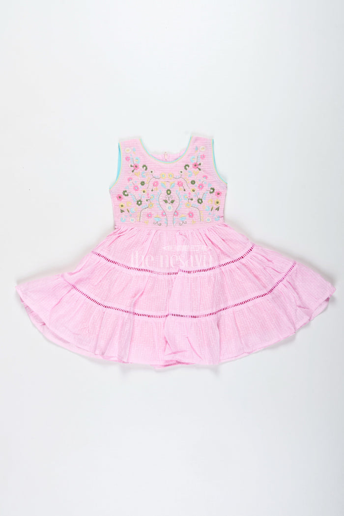 The Nesavu Girls Cotton Frock Pink Cotton Frock with Embroidery for Toddler Girls Nesavu 20 (3Y) / Pink GFC1909B-20 Nesavu Pink Cotton Frock Toddler Girls Embroidered Sleeveless Summer Dress