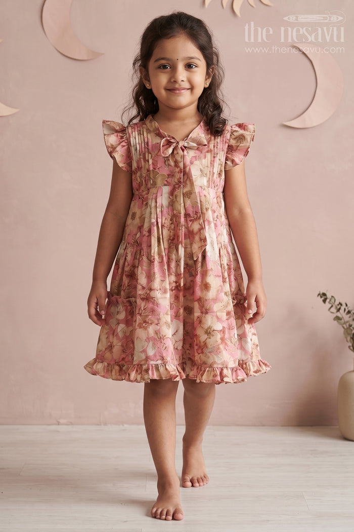 The Nesavu Girls Cotton Frock Pink Floral Girls' Cotton Summer Dress with Flutter Sleeves Nesavu 16 (1Y) / Pink GFC1341B-16 Nesavu Pink Floral Cotton Summer Dress for Girls with Flutter Sleeves