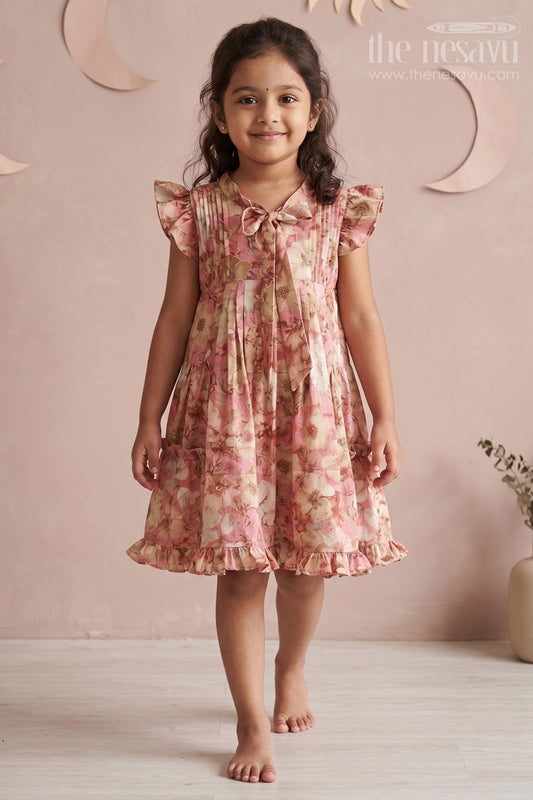 The Nesavu Girls Cotton Frock Pink Floral Girls' Cotton Summer Dress with Flutter Sleeves Nesavu 16 (1Y) / Pink GFC1341B-16 Nesavu Pink Floral Cotton Summer Dress for Girls with Flutter Sleeves