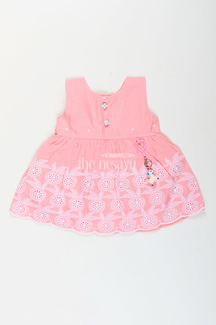 The Nesavu Baby Cotton Frocks Pink frock for baby girls with white floral embroidery Nesavu 14 (6M) / Pink BFJ857B-14 Nesavu pink sleeveless frock for baby girls with floral embroidery and scalloped hem