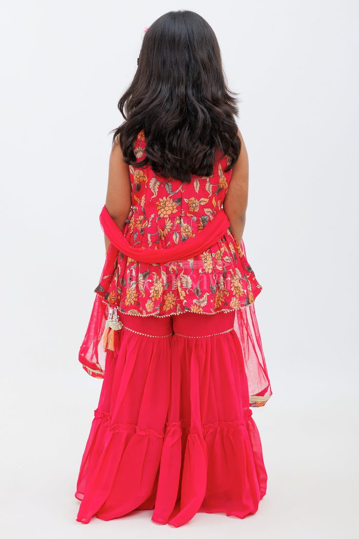 The Nesavu Girls Sharara / Plazo Set Pink Georgette Print Garara Set with Floral Embellishments Nesavu Pink Georgette Print Garara Set with Floral Embellishments - Nesavu