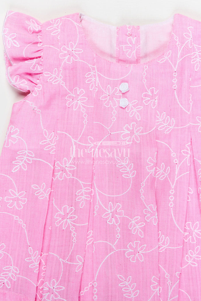 The Nesavu Baby Cotton Frocks Pink Newborn Outfit for Infants with Thread Embroidery and Matching Bloomers in Soft Cotton Nesavu Nesavu Pink Newborn Outfit Infants Embroidered Cotton Frock Soft White Bloomers