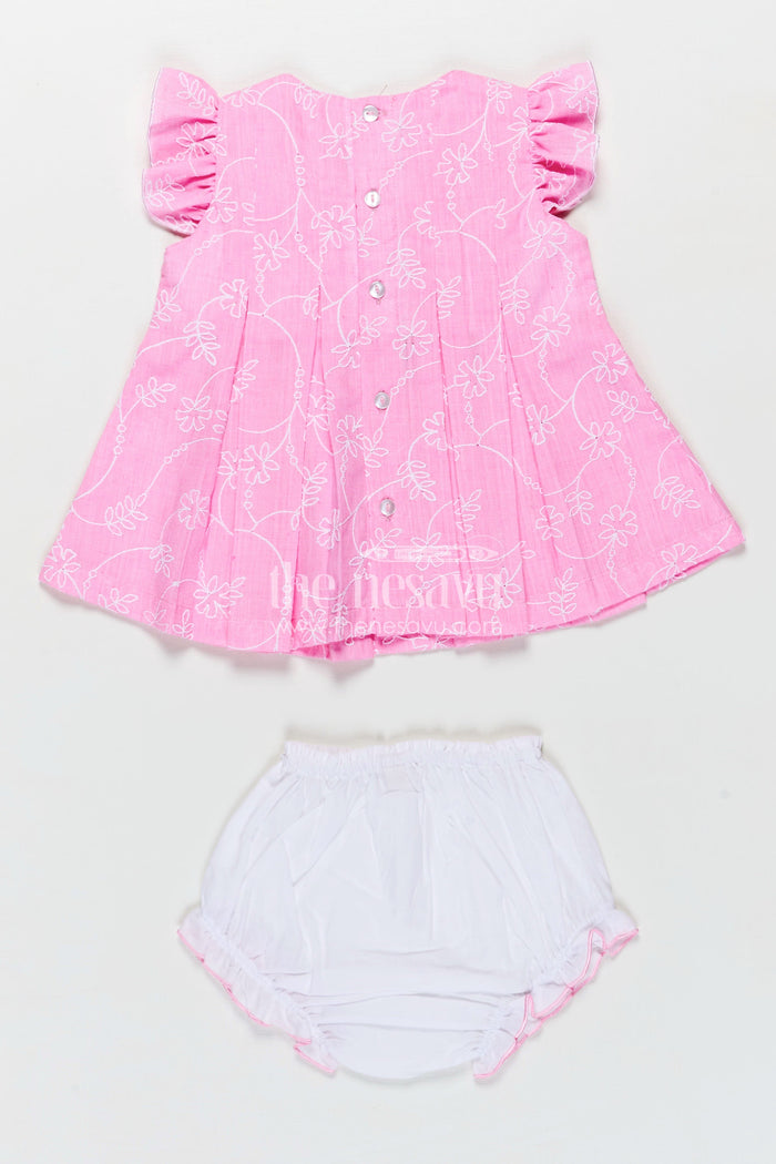 The Nesavu Baby Cotton Frocks Pink Newborn Outfit for Infants with Thread Embroidery and Matching Bloomers in Soft Cotton Nesavu Nesavu Pink Newborn Outfit Infants Embroidered Cotton Frock Soft White Bloomers