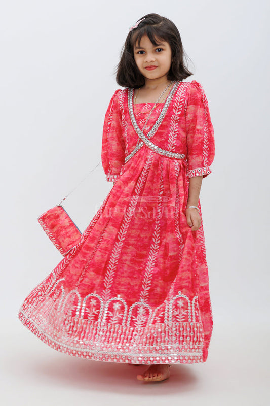 The Nesavu Girls Party Gown Pink Organza Silk Gown with Alia Cut and Mirror Lace Nesavu 24 (5Y) / Pink GA240A-24 Pink Organza Silk Gown with Alia Cut and Mirror Lace - Nesavu