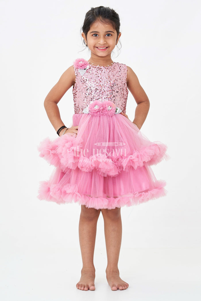 The Nesavu Girls Fancy Party Frock Pink Party Wear Dress for Girls in Net with Sequin Bodice and Frill Layered Skirt Nesavu Pink Party Wear Dress Girls Sequin Yoke Net Frill Layers | The Nesavu