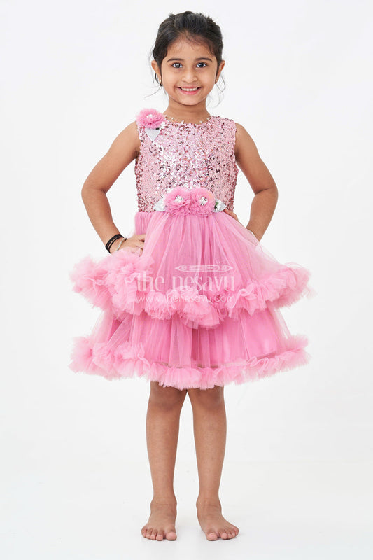 The Nesavu Girls Fancy Party Frock Pink Party Wear Dress for Girls in Net with Sequin Bodice and Frill Layered Skirt Nesavu Pink Party Wear Dress Girls Sequin Yoke Net Frill Layers | The Nesavu