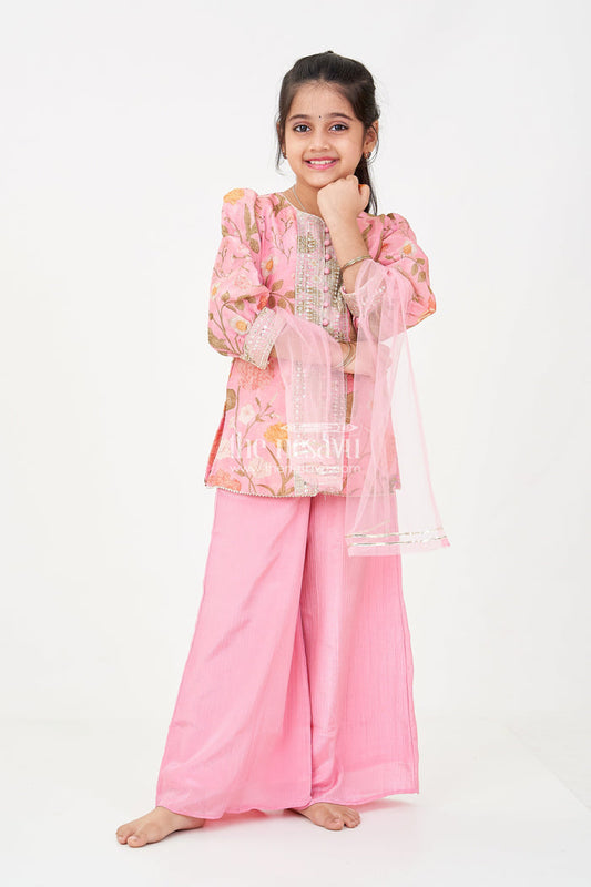 The Nesavu Girls Sharara / Plazo Set Pink Sharara Set for Girls with Organza Digital Print Top and Sequin Embroidery Accents Nesavu 22 (4Y) / Pink GPS584B-22 Nesavu Girls Pink Sharara Set Floral Digital Print Organza Top Sequin Embroidery