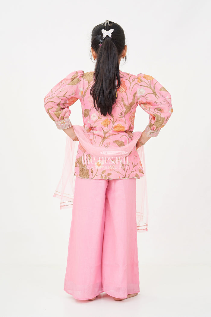 The Nesavu Girls Sharara / Plazo Set Pink Sharara Set for Girls with Organza Digital Print Top and Sequin Embroidery Accents Nesavu Nesavu Girls Pink Sharara Set Floral Digital Print Organza Top Sequin Embroidery