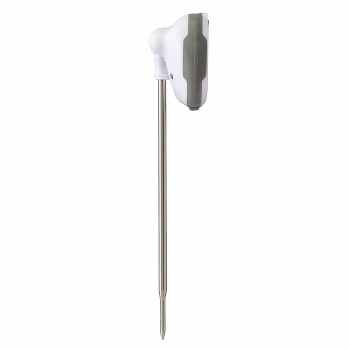Pivoting display thermometer with a long stainless steel probe attached above a cooking setup