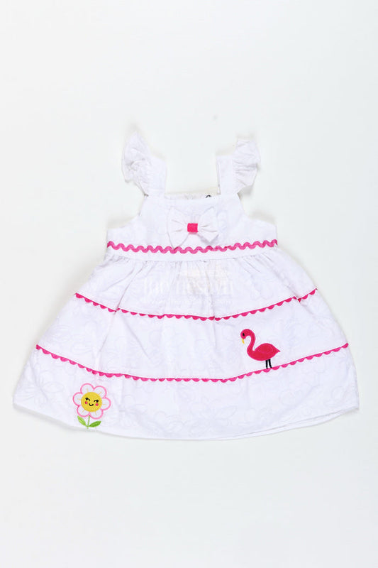 The Nesavu Baby Cotton Frocks Playful Cartoon Frock for Baby Girls with Embroidery Nesavu 14 (6M) / White BFJ837C-14 Nesavu White Georgette Toddler Frock Cartoon Embroidery Pink Accents Lightweight Comfort