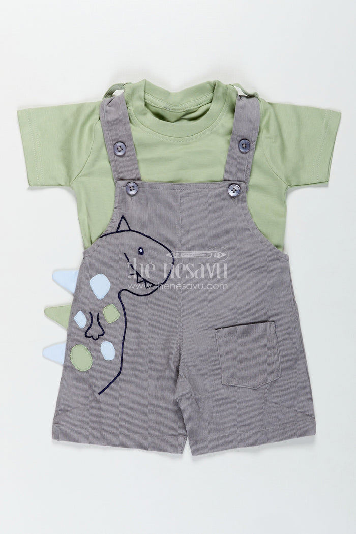 The Nesavu Boys Casual Set Playtime Outfit for Boys with Dinosaur Appliqué Overalls in Grey Corduroy and Green Cotton Tee Nesavu 12 (3M) / Green BCS321A-12 Nesavu Playtime Outfit Boys Dinosaur Corduroy Overalls Green Cotton Tee