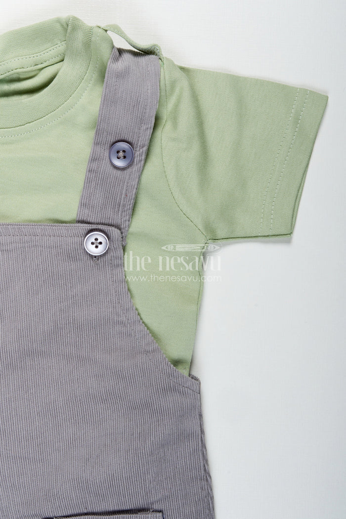 The Nesavu Boys Casual Set Playtime Outfit for Boys with Dinosaur Appliqué Overalls in Grey Corduroy and Green Cotton Tee Nesavu Nesavu Playtime Outfit Boys Dinosaur Corduroy Overalls Green Cotton Tee
