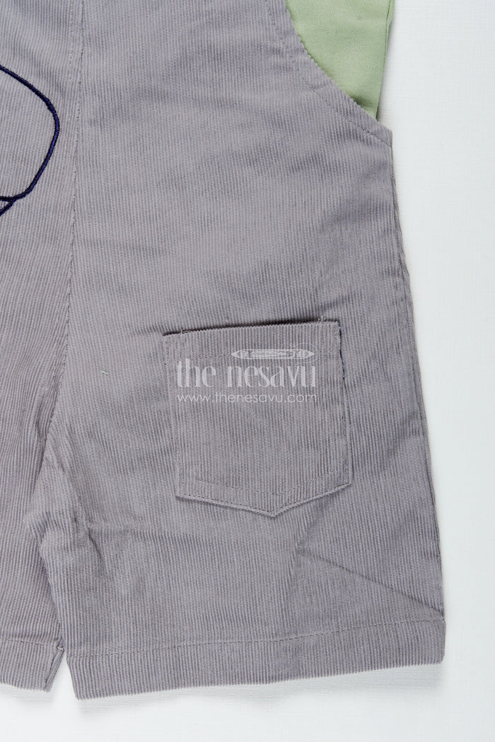 The Nesavu Boys Casual Set Playtime Outfit for Boys with Dinosaur Appliqué Overalls in Grey Corduroy and Green Cotton Tee Nesavu Nesavu Playtime Outfit Boys Dinosaur Corduroy Overalls Green Cotton Tee