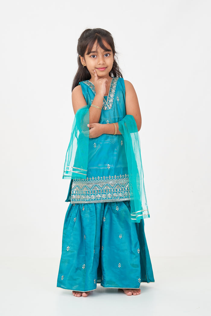 The Nesavu Girls Sharara / Plazo Set Pleated Sharara Set in Teal Banarasi Kora Silk with Sequence Embroidery for Girls Nesavu 16 (1Y) / Green GPS581A-16 Nesavu Teal Banarasi Pleated Sharara Set Girls Elegant Sequence Embroidery