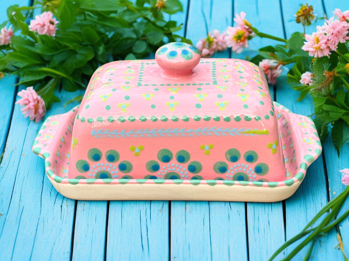 Potters Hand Painted Ceramic Butter Dish in Pink