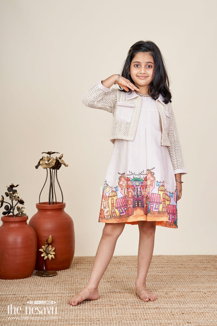 The Nesavu Girls Fancy Frock Printed frock with jacket set for toddler girls for festive gatherings Nesavu 20 (3Y) / Pink GFC1830A-20 Nesavu toddler girl frock printed skirt jacket festive events winter occasions