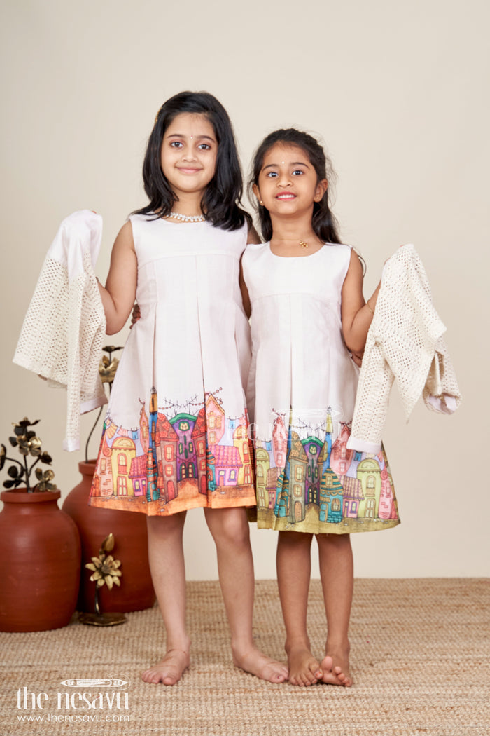 The Nesavu Girls Fancy Frock Printed frock with jacket set for toddler girls for festive gatherings Nesavu Nesavu toddler girl frock printed skirt jacket festive events winter occasions