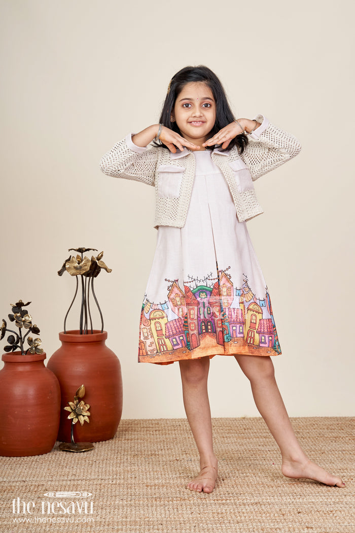 The Nesavu Girls Fancy Frock Printed frock with jacket set for toddler girls for festive gatherings Nesavu Nesavu toddler girl frock printed skirt jacket festive events winter occasions