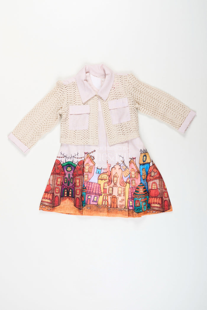 The Nesavu Printed frock with jacket set for toddler girls for festive gatherings Nesavu Nesavu toddler girl frock printed skirt jacket festive events winter occasions