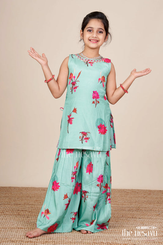 The Nesavu Girls Sharara / Plazo Set Printed Muslin Plazo Set for Girls Ideal for Casual Festive Wear Nesavu 18 (2Y) / Blue GPS773A-18 Nesavu girls floral printed muslin plazo set  ideal casual ethnic outings festive moments